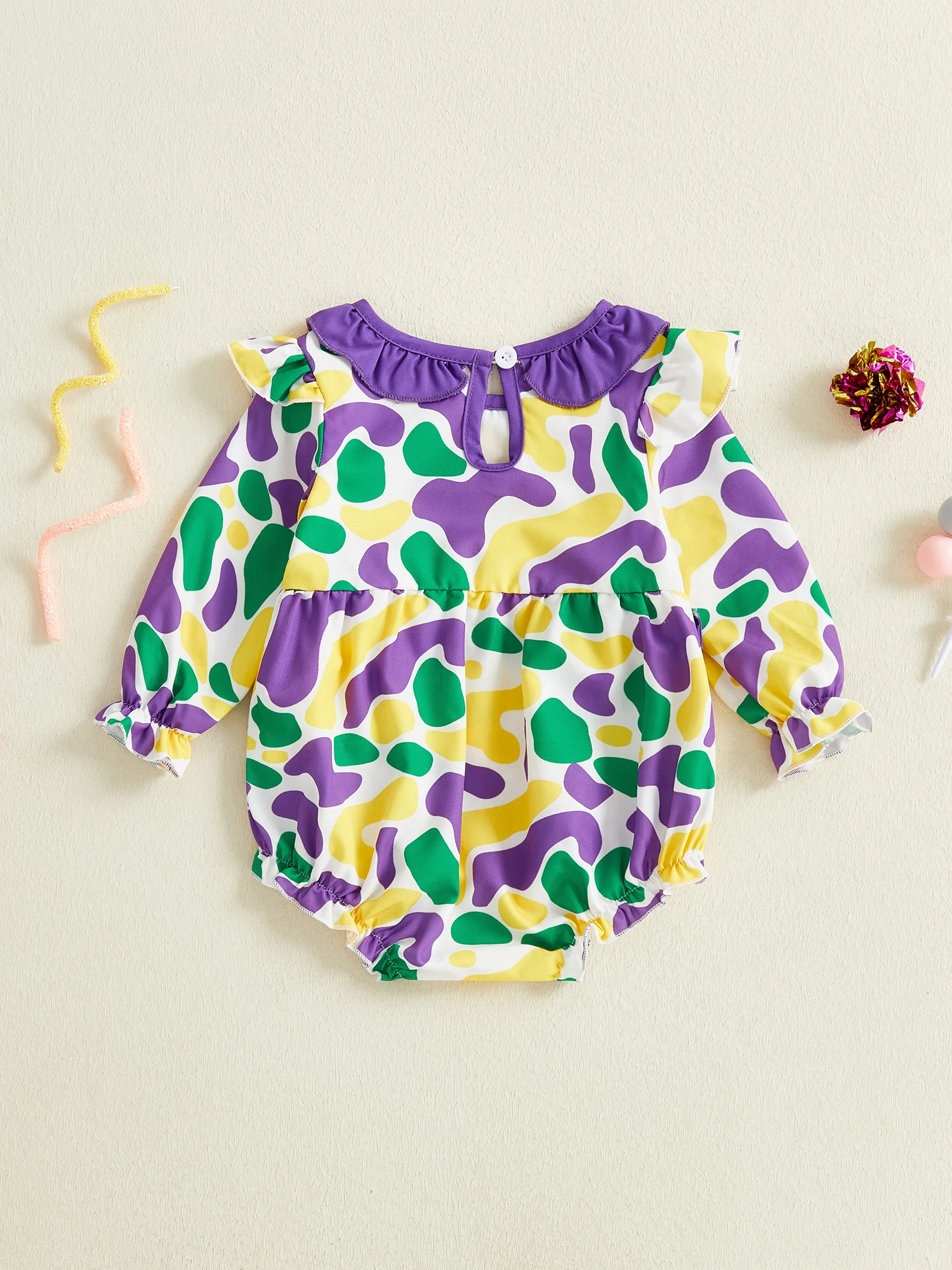 بدلة قفز لحفلات الأميرة للرضع بأكمام مكشكشة وتفاصيل مزخرفة بالزهور، بدلة لعب رائعة للأطفال الصغار لكرنفال الربيع