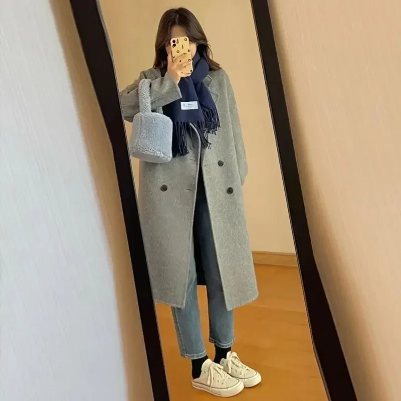 

Осенне-зимнее новое серое шерстяное пальто премиум-класса 2025, зимнее утолщенное шерстяное пальто в Корейском стиле