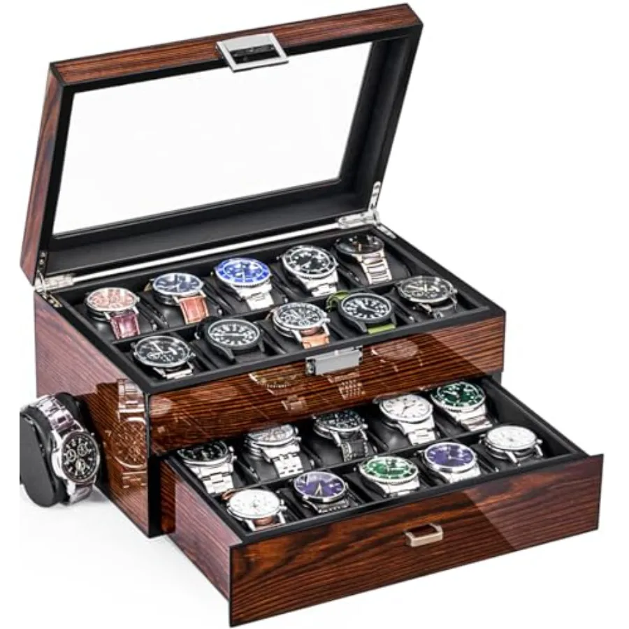 

High-End Watch Box 20-Slot Watch Case with Large Glass Lid Wooden Watch Cases for Men Watch Storage Watch Organizer Synthetic L