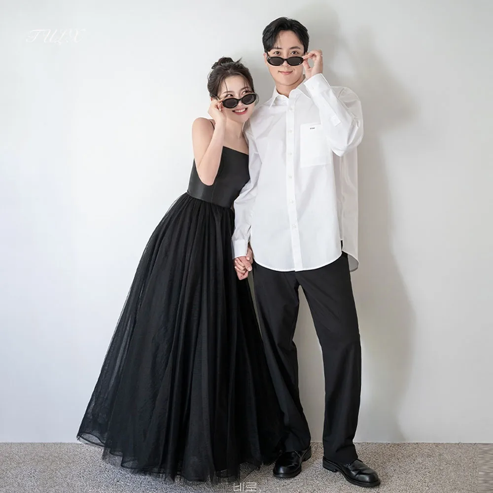

TULX Elegant Black Tulle Evening Dress Korea Wedding Photo Shoot Strapless Strap Satin A line Long Party Dress Corset Customized