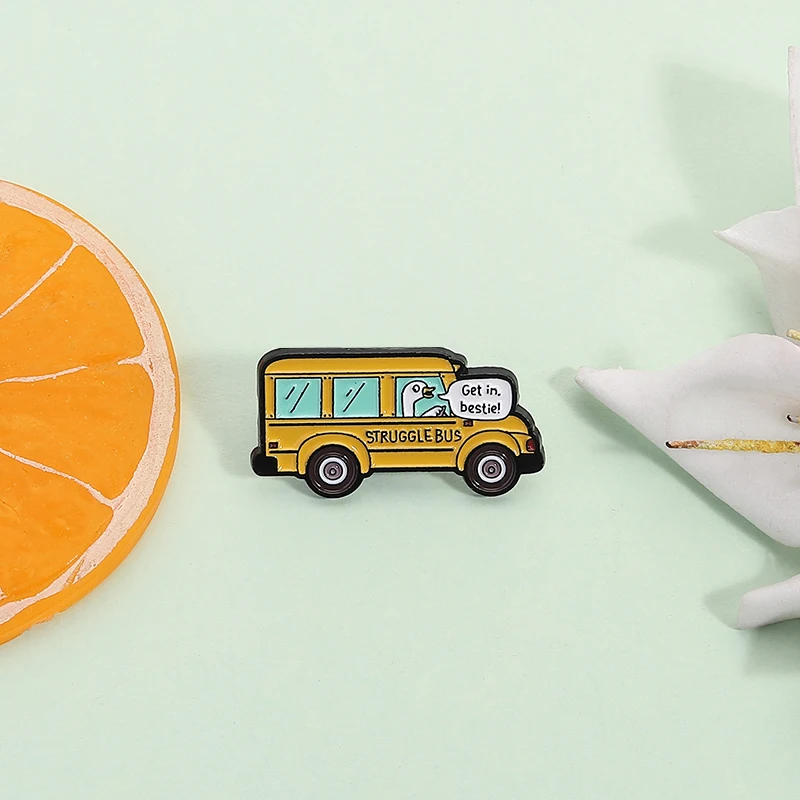 Cartoon Funny Goose Bus Enamel Pins Get In Bestie Struggles Bus Creative Brooches Backpack Lapel Badge Jewelry Gift for Friends