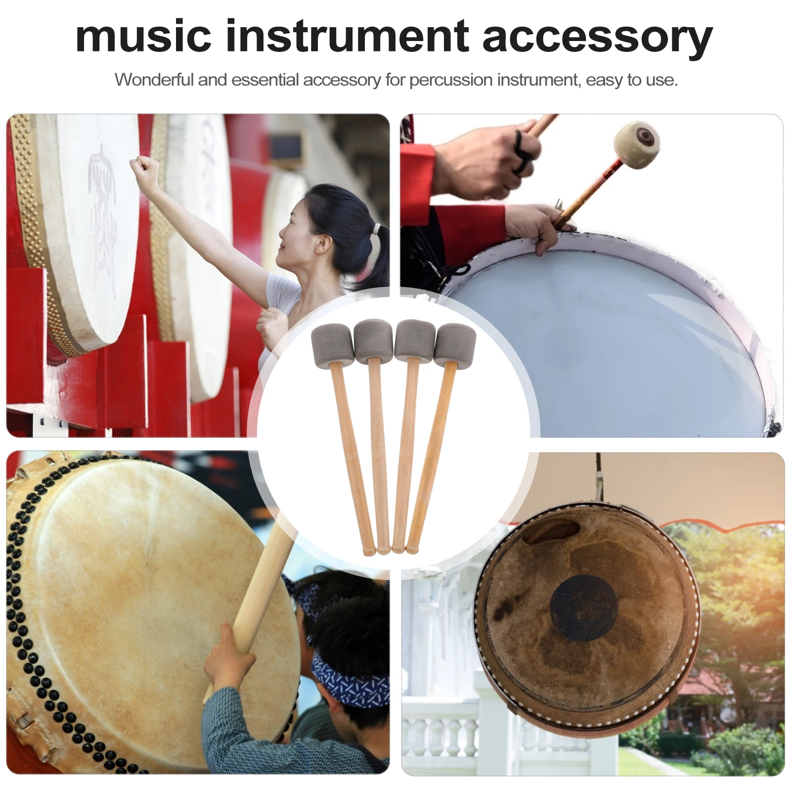 

4pcs Drum Mallets Sticks Wood Handle For Bass Drum Percussion Instrument Replacement Accessory Drumstick Music