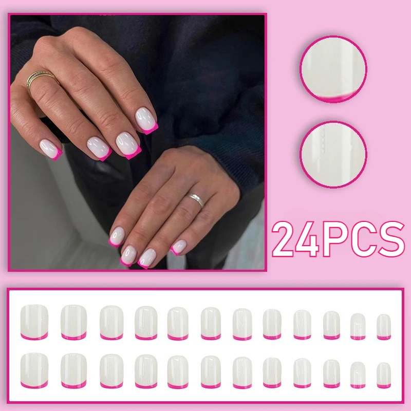 

24PCS Wearing Simple and Fashionable Solid Color French Fake Nails Short Square Nail Patches French Fake Nail Tips