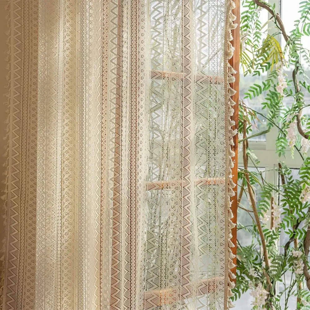 

Pastoral Style 140m Lace Window Screening Boho Style Hollow Lace Tassels Curtain Voile Tulle Curtains Home Decor