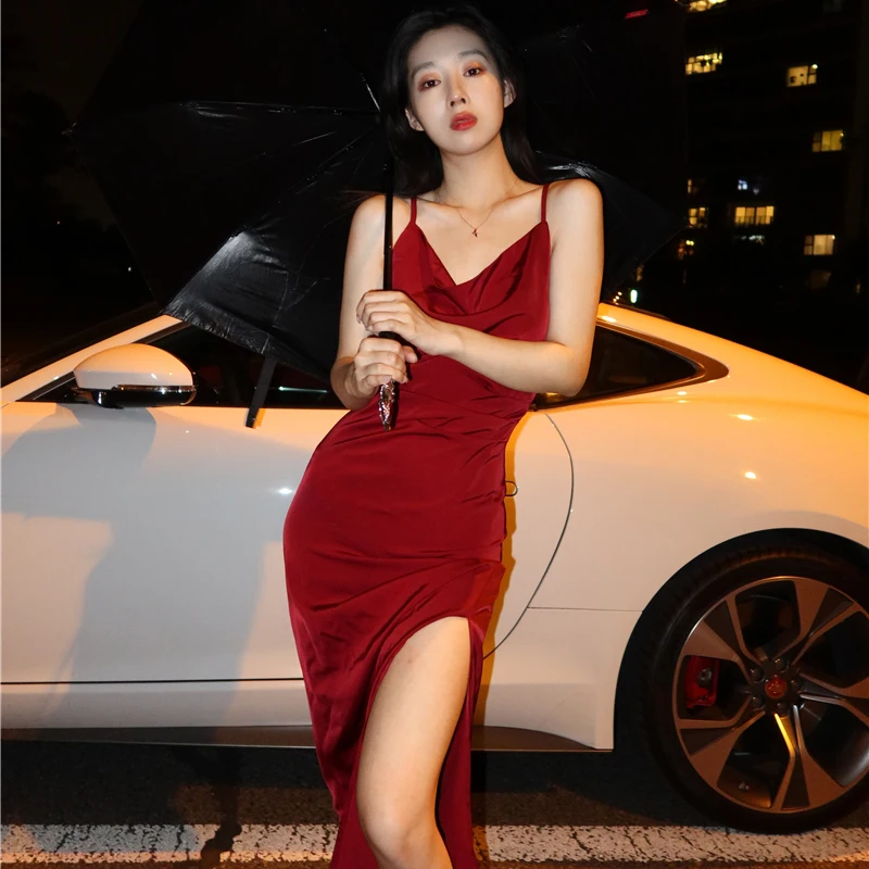 

Red Suspender Split Long Dress 2021 Autumn Women Vintage Red Waist Closing Temperament Sexy Split Bodycon Slim Party Long Dress