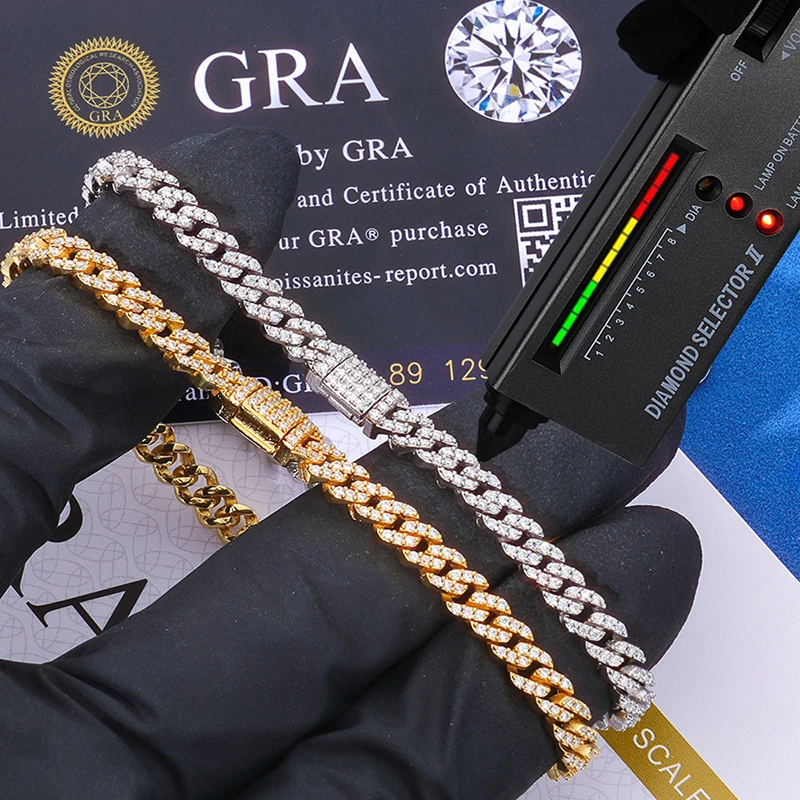 

S925 Sterling Silver Moissanite 5mm wide Cuban Link Chain Bracelets for Women Men Hip Hop Bling Ice Out Rapper Jewelry