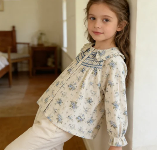 

Spring Autumn New Girls' Retro Printed Doll Shirts Fashion and Comfortable Kids Outwear All-match Shirt
