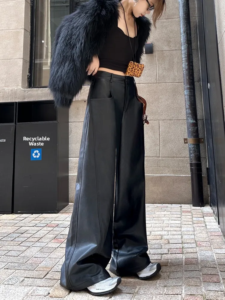 

Bla Широкие брюки из искусственной кожи Женские брюки прямого кроя Осень-зима Thiened Fce Повседневные длинные брюки с эффектом похудения