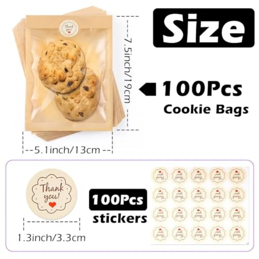 00 Pack Cookie Bags with Window, 5."x7.5" Paper Oil-proof Bakery Bags, Kraft Heat Sealable Cookie Packaging Bags for Gift Givin view 2