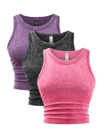 Débardeur en coton solide Y2k pour femmes, Sexy, sans manches, col rond, serré, délavé, t-shirt court décontracté, tout-matématiques, Streetwear basique, été