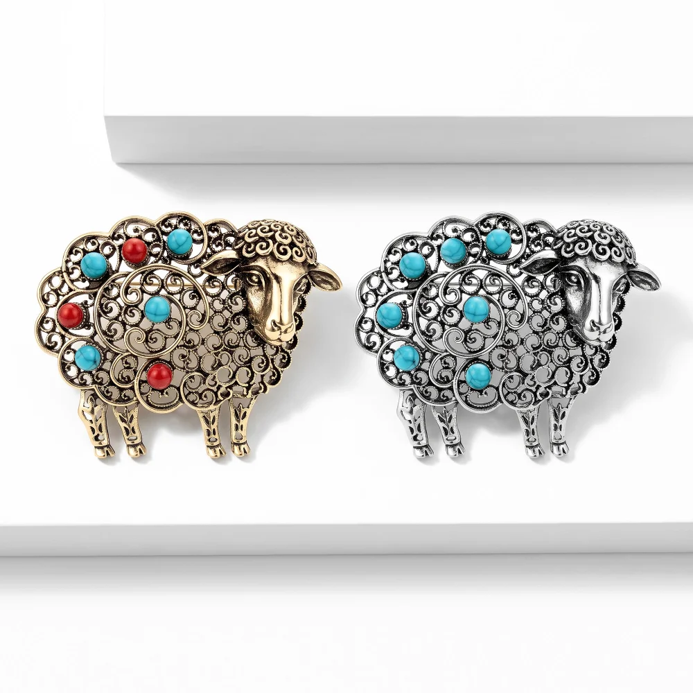 Hollow Sheep Brooch with Turquoise Stone Antique Silver Metal Animal Lapel Pin Clothing Decor Brooch Badge for Clothes Backpack