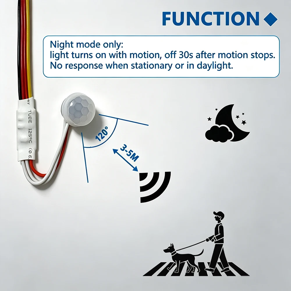 Vertical Fixed and Extended Probe Night Mode PIR Motion Sensor Switch 5V 12V 24V DC for Low Voltage LED Cabinet Light Control