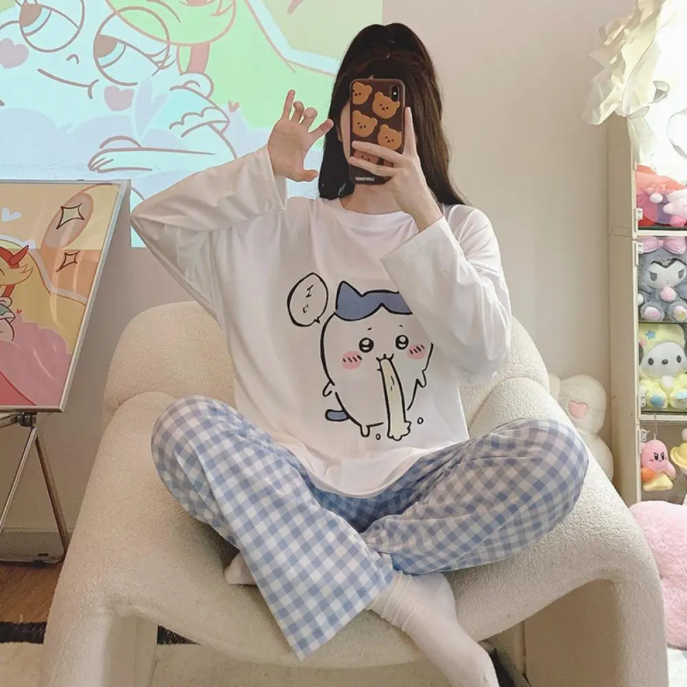 2Pcs Kawaii Chiikawa Women Lounge Clothes Pajamas Suit Anime Cotton Spring Long Sleeves Pants Sleepwear Girls Student Homewear