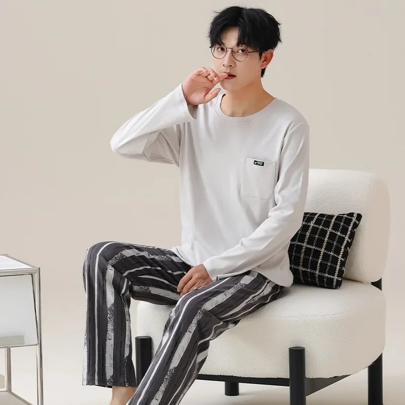 Korean Cotton Men\'s Pajamas Set Autumn Long Sleeves Sleeping Top Trouser Nightwear Young Boy L-3XL Big Size Pijamas Male Lounge