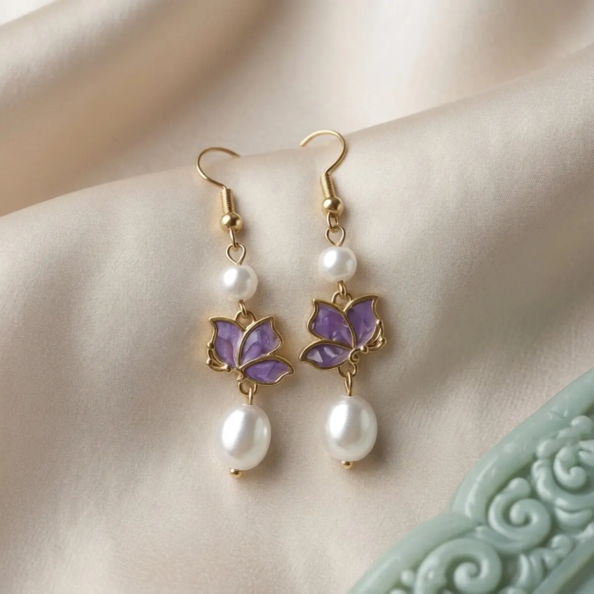 Chinese Style Hanfu Cheongsam Accessory Purple Butterfly Faux Pearl Dangle Earrings Elegant Retro Gold Drop Earrings For Women