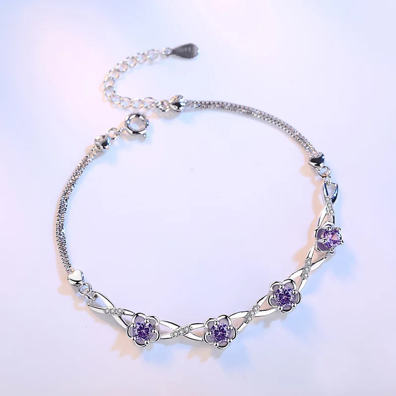 Authentic S925 Sterling Silver Crystal Vintage Plum Blossom Flower Bracelet Bangle For Women Girl Lady Wedding Birthday Gift - view 4
