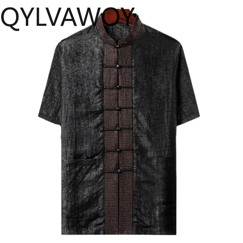 QYLVAWOY Summer Shirt Short Sleeve Men's Shirts 100% Mulberry Silk Shirts for Man Loose Mandarin Collar Luxury Man Clothing Thin