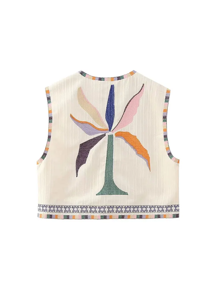 TRAF 2023 Summer Women Embroidery Cardigan Vest Tops Fashion Ladies National Style Vintage Sleeveless Casual WaistCoat Slim Tops