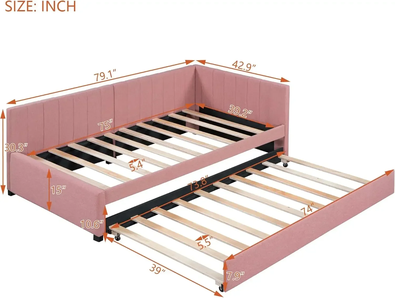 Pink Twin Size Daybed With Trundle Linen Upholstered Sofa Bed Solid Wood Slats Support Wooden Frame For Small Spaces Apartments