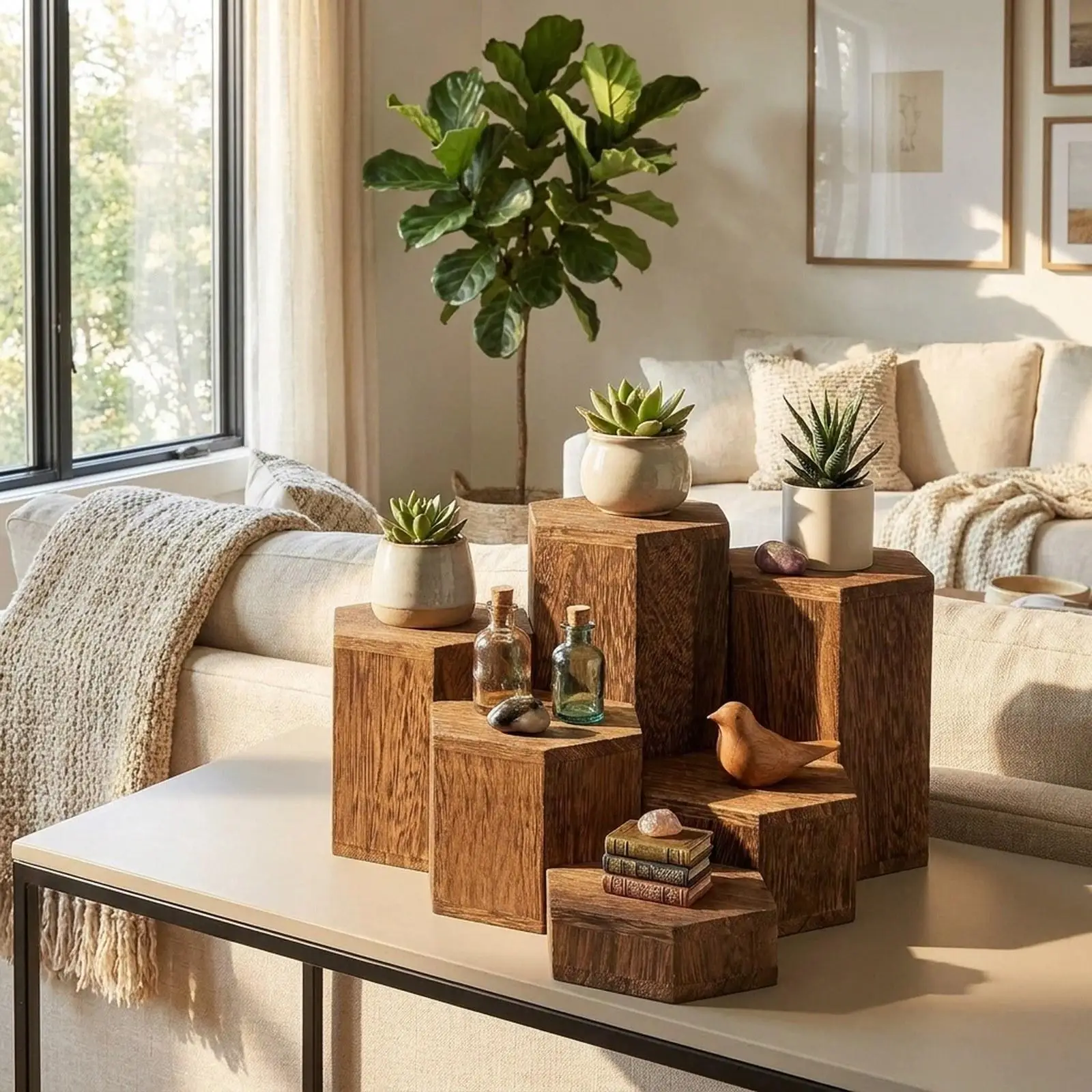 6 Pieces Hexagonal Display Blocks Wooden Hexagon Display Risers Step Plinths Hexagon Display Stand Set for Retail Desserts