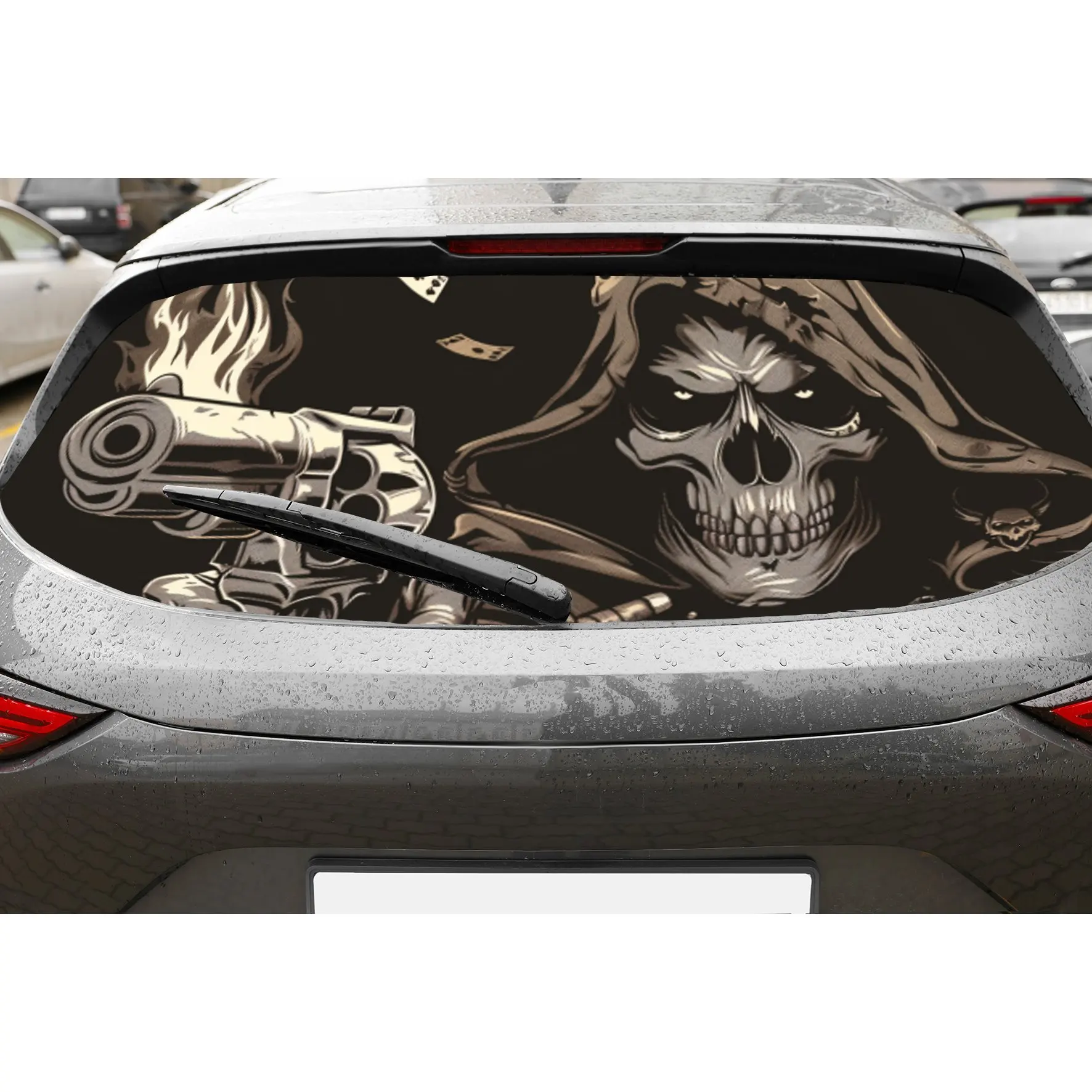 

Grim Reaper Gunman PVC Perforated Car Vinyl Wraps, Privacy Enhancing Design for Rear Window, Car Rear Windshield Sticker for Mos