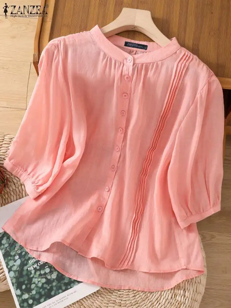 ZANZEA Women Buttons Blusas Casual Loose Solid Color Shirt 2024 Summer Round Neck Simple Tops Elegant Half Sleeve Holiday Tunic