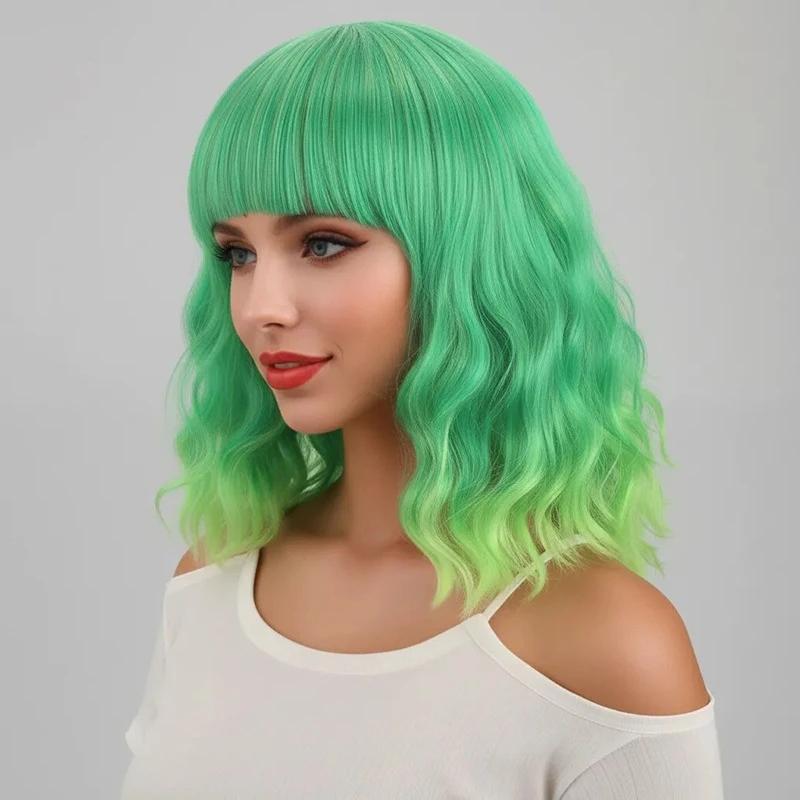 European and American style women's short curly hair wig with gradient green synthetic fiber