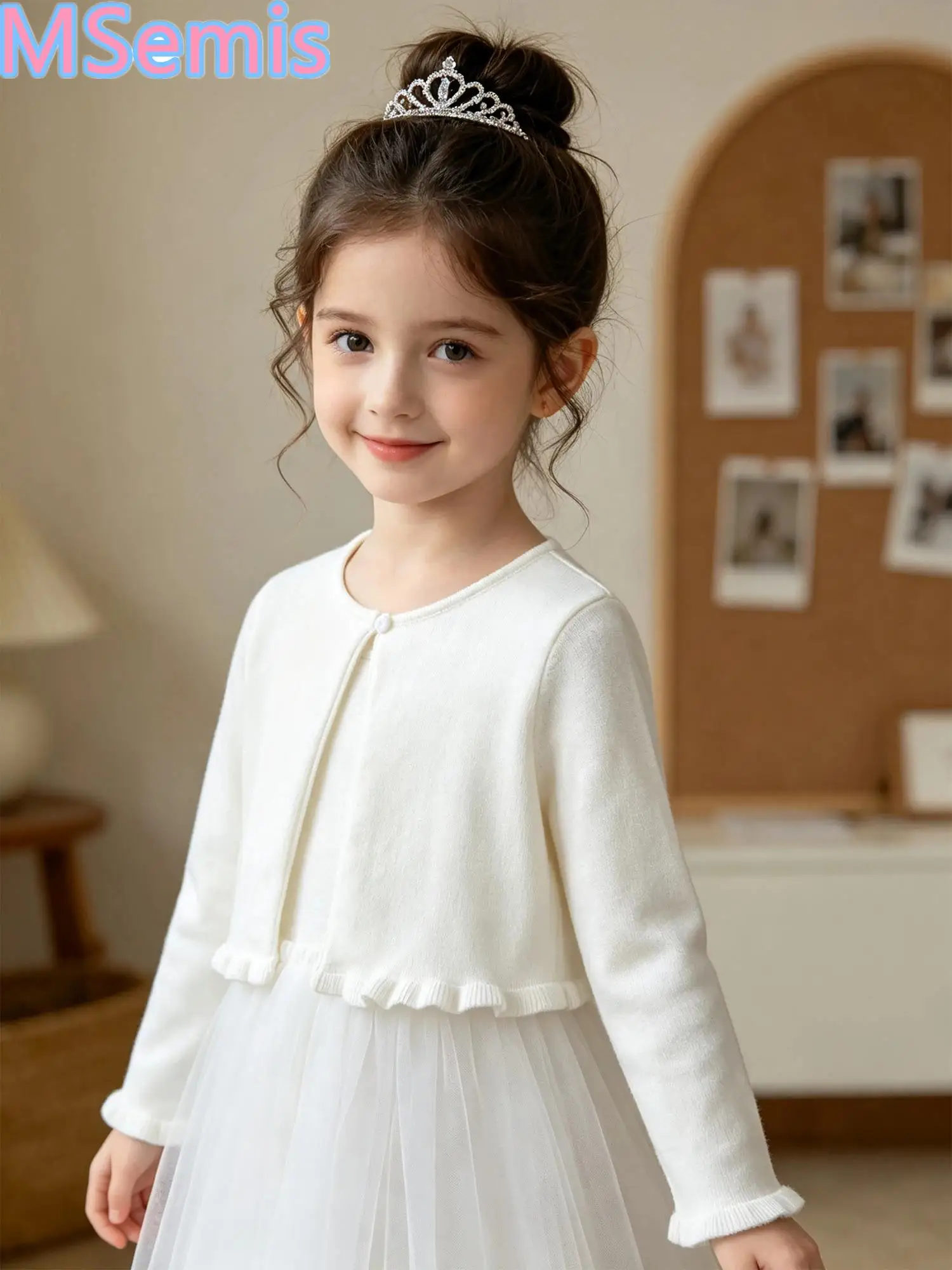 Kids Girls Elegant Ruffle Knitted Cardigan Round Neck One-button Jacket Bolero Sweater Top for Birthday Party Family Gathering