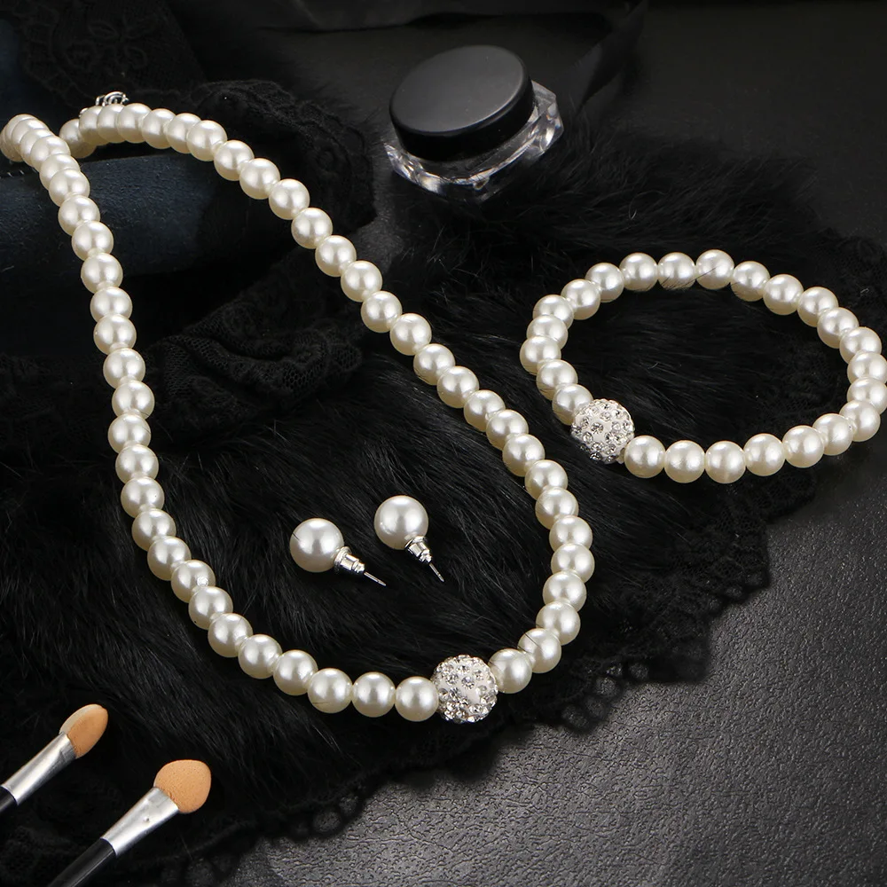 Fashion Vintage Womens Bride Wedding Jewelry Set for Women Rhinestone Faux Pearl Necklace Bracelet Earring Wedding Party Jewelry