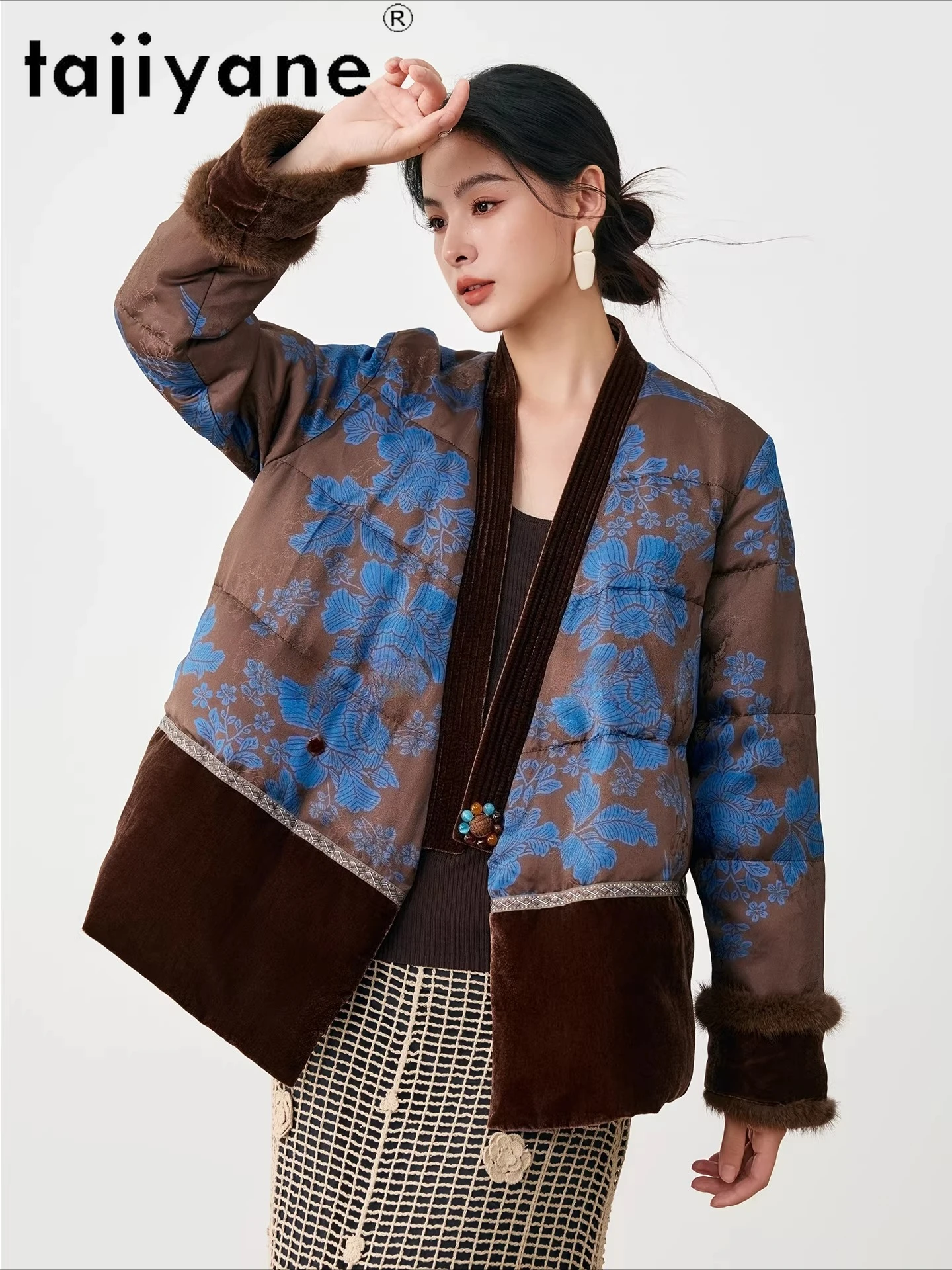 TAJIYANE 90% ganzendons jas dames luxe jacquard donsjassen met nertsenbont manchetten korte puffer jassen 2025 winterkleding  soi