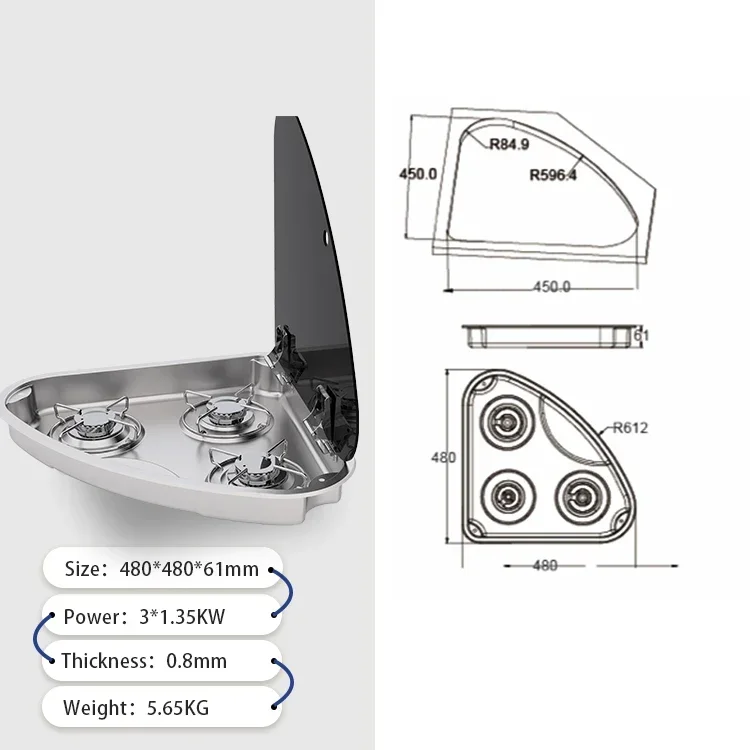 Good price Durable quality 304 stainless steel triangle gas stove RV parts kitchen supplies caravan three heads gas stove