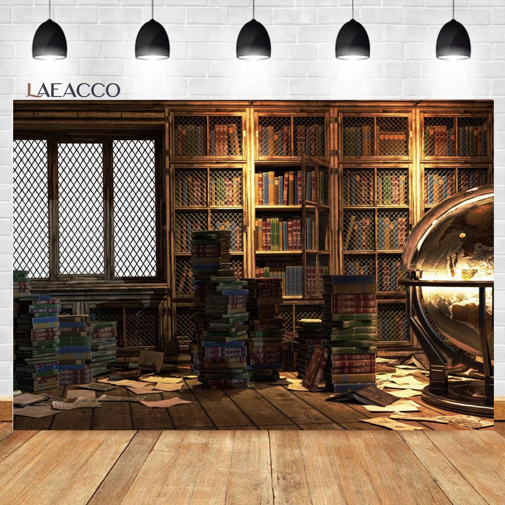 Laeacco Vintage Magic Room Bookcase Photography Background Retro Old Bookshelf Window Book Kids Girl Artistic Portrait Backdrop