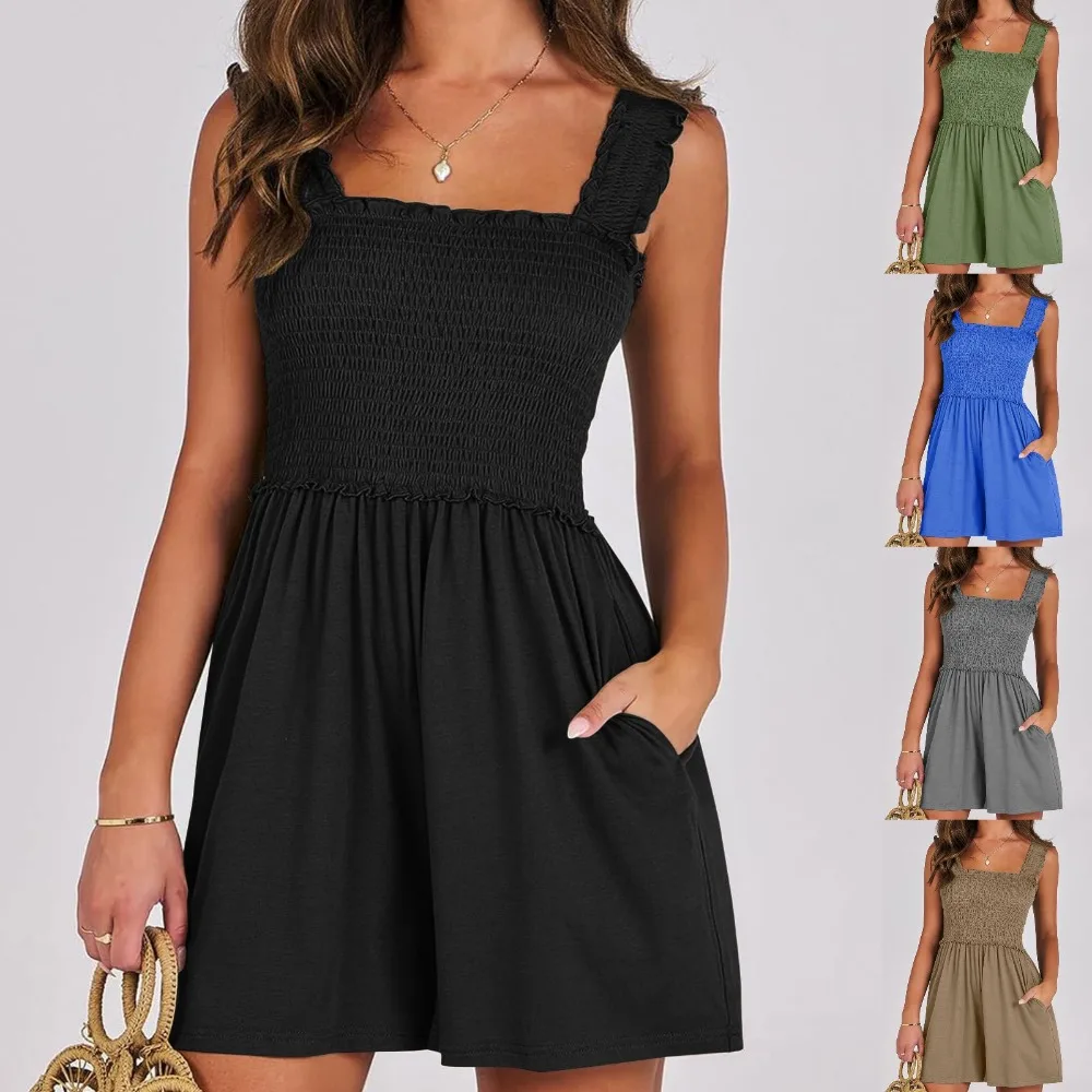 ชุดเดรสผู้หญิงใหม่ สีดำ แต่งระบาย ทรงเอ ยาวปานกลาง - แฟชั่นลำลอง สไตล์สวิง สำหรับฤดูร้อน เหมาะกับวันหยุดพักผ่อน ชายหาด ออกเดท ชุดสไตล์ Y2k