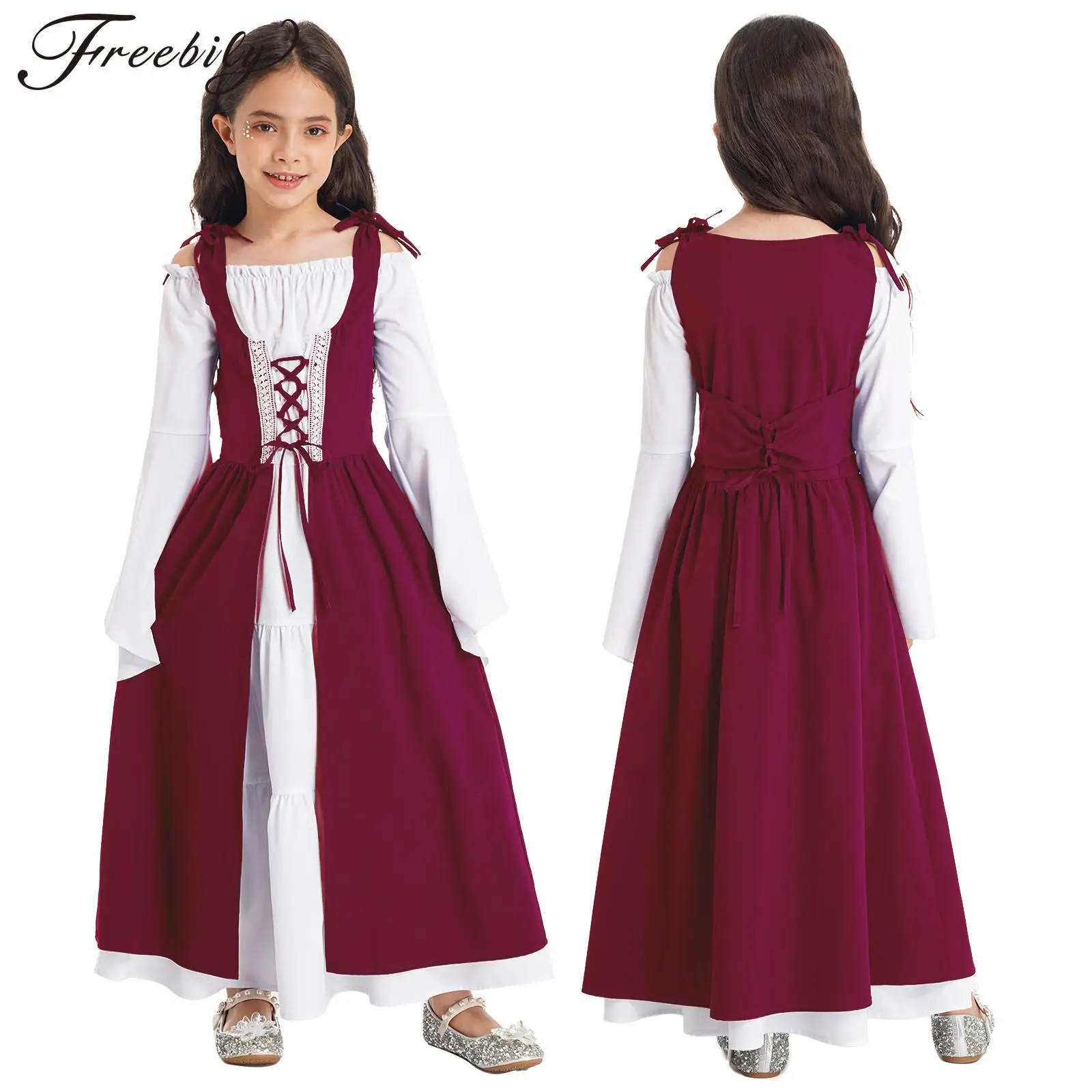 Kid Girls Medieval Renaissance Dress Long Sleeve Lace-up Vintage Gown Halloween Victorian Theme Party Masquerade Cosplay Costume