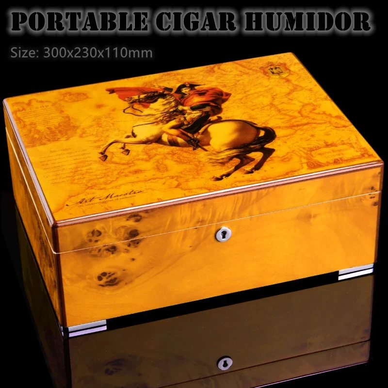 300x230x110mm Cigar Humidor Large-capacity 50 Cedar Wood Cigar Moisturizing Case Classical Painting Birds Yellow Cigar Box Gift
