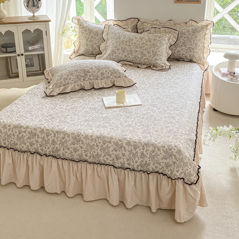 

1 шт., покрывало с оборками, покрывало в цветочном стиле, стеганое постельное белье, приятный для кожи защитный наматрасник 침대 (без наволочки)