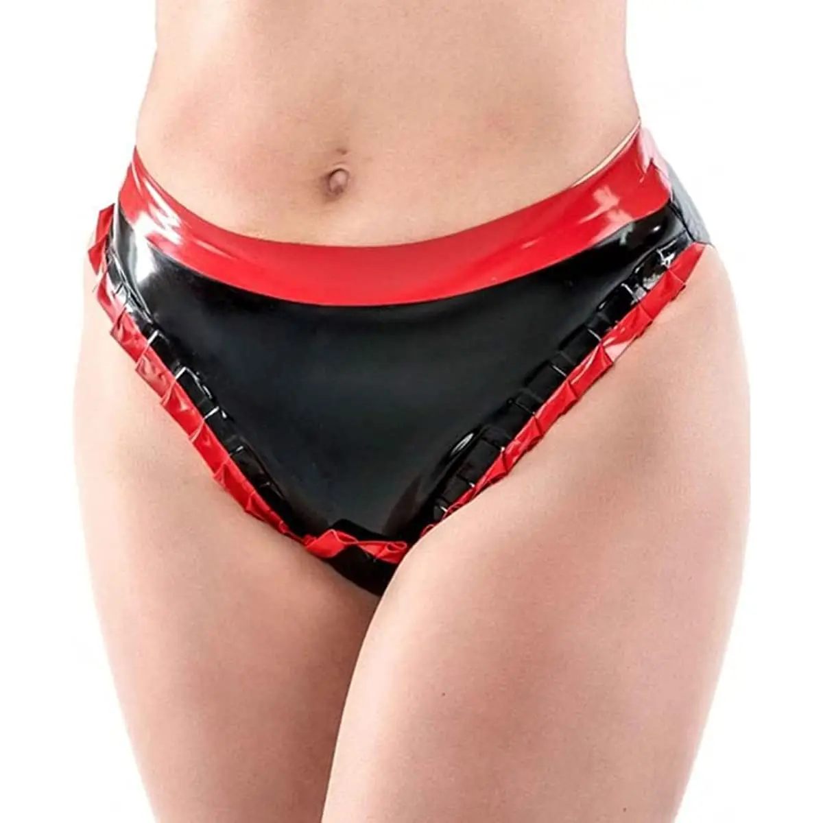 أسود مع أحمر مثير اللاتكس ملخصات مع الرتوش فتح الظهر المطاط داخلية سراويل داخلية سروال ، الوردي والأحمر ، XL