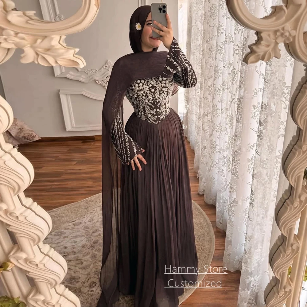 Arabisches Abendkleid, modisch, ausgestellte Ärmel, runder Ausschnitt, Perlenstickerei, Paillettenapplikation, Chiffon, arabisches Abendkleid, Partykleider