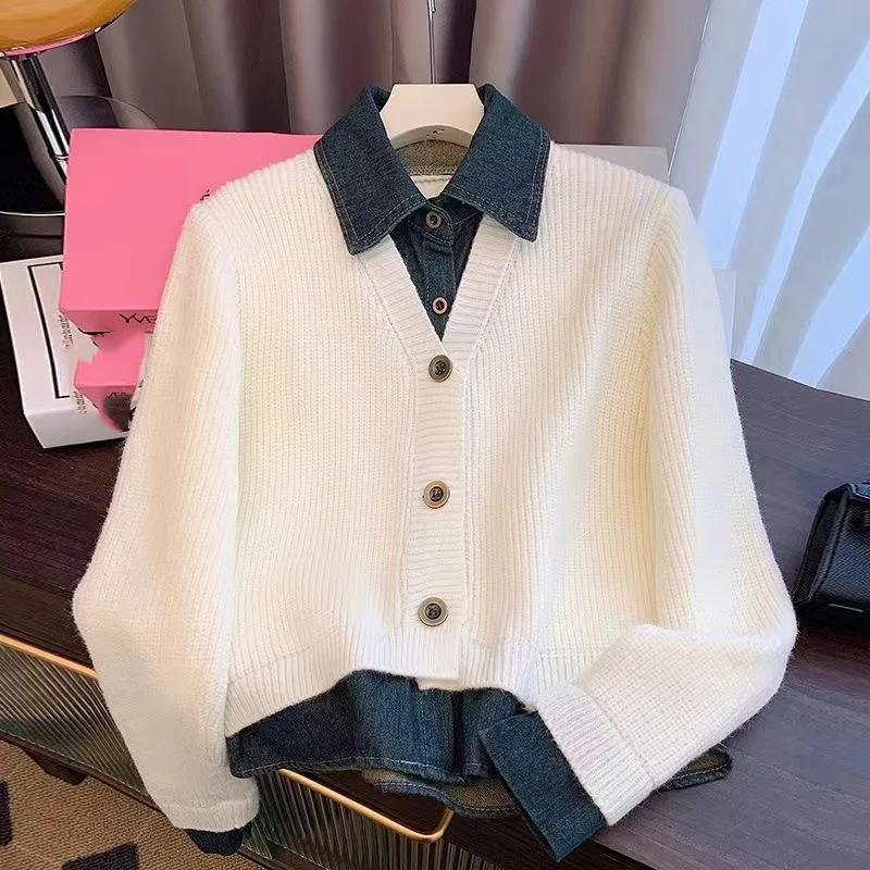 Retro Fake Two Items Women Knitwear Spring Autumn Splicing Together Cowboy Ladies Knit 2024 Long Sleeves Cardigan Female Sweater