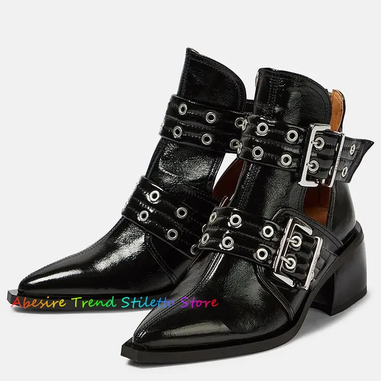 

Black Pointed Toe Buckle Shoes Vintage Patent Block Heel Ankle Booties Ladies Chelsea Boots Shoes Metal Belt Buckle Trend Shoes