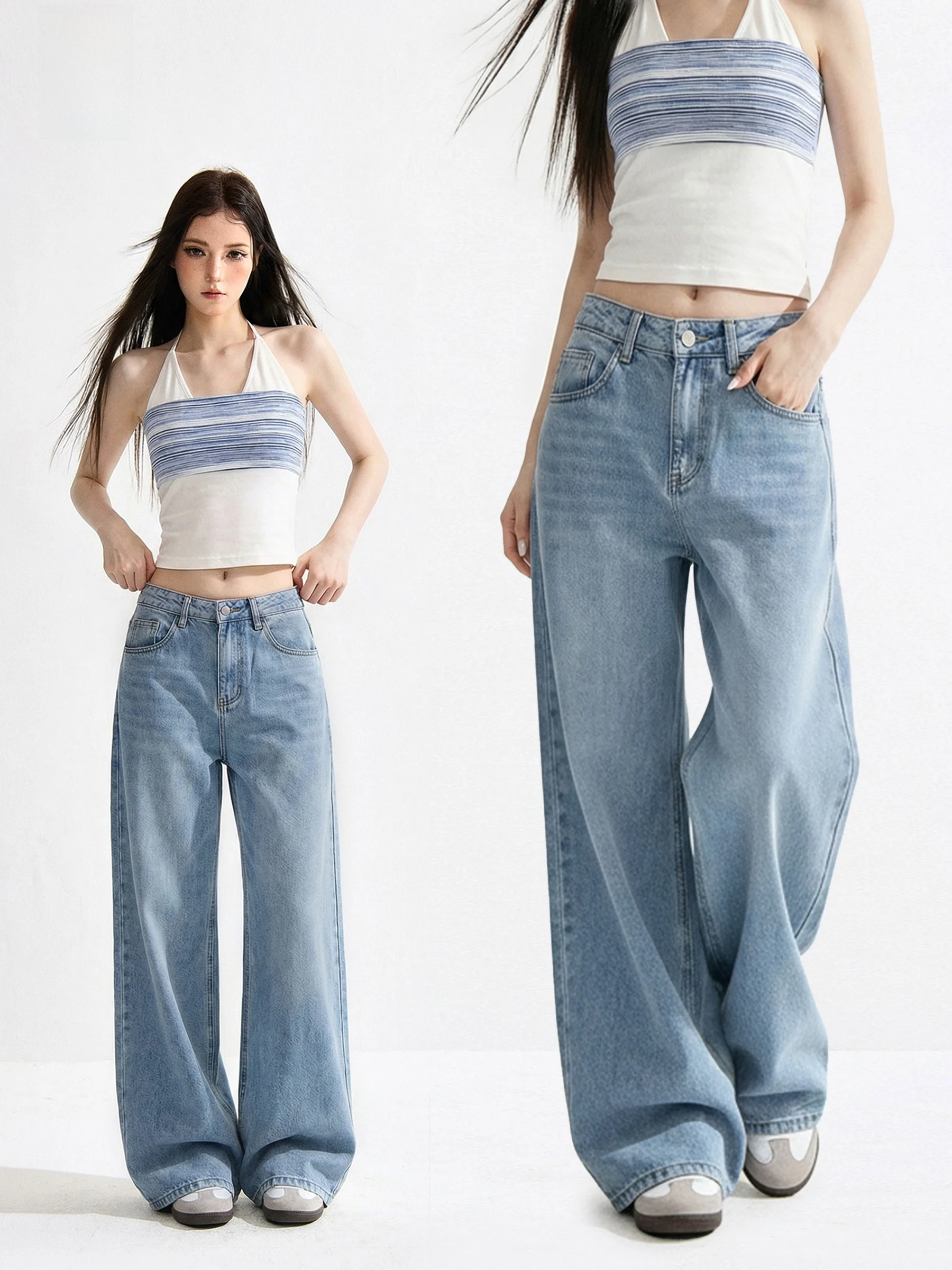 

Low Waist Wide Leg Jeans Women's Straight Cut Water Washed Blue Slimming Spring Fashion Casual Loose Fit Denim Trousers