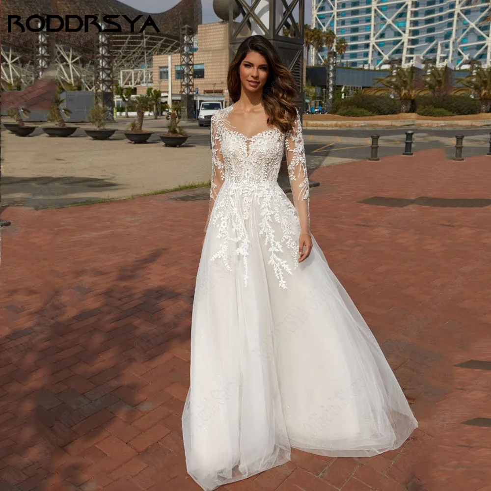 RODDRSYA Romatic Wedding Dress For Bride Long Sleeves See Through A-Line Scoop Neck Applique Button Tulle Bridal Wedding Gowns