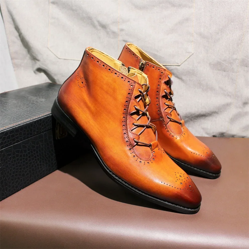 Luxury Genuine Leather Chelsea Boots for Men Brown Wingtip Ankle Lace-up Buckle Formal Snow Shoes High-end Office Footwear - view 4