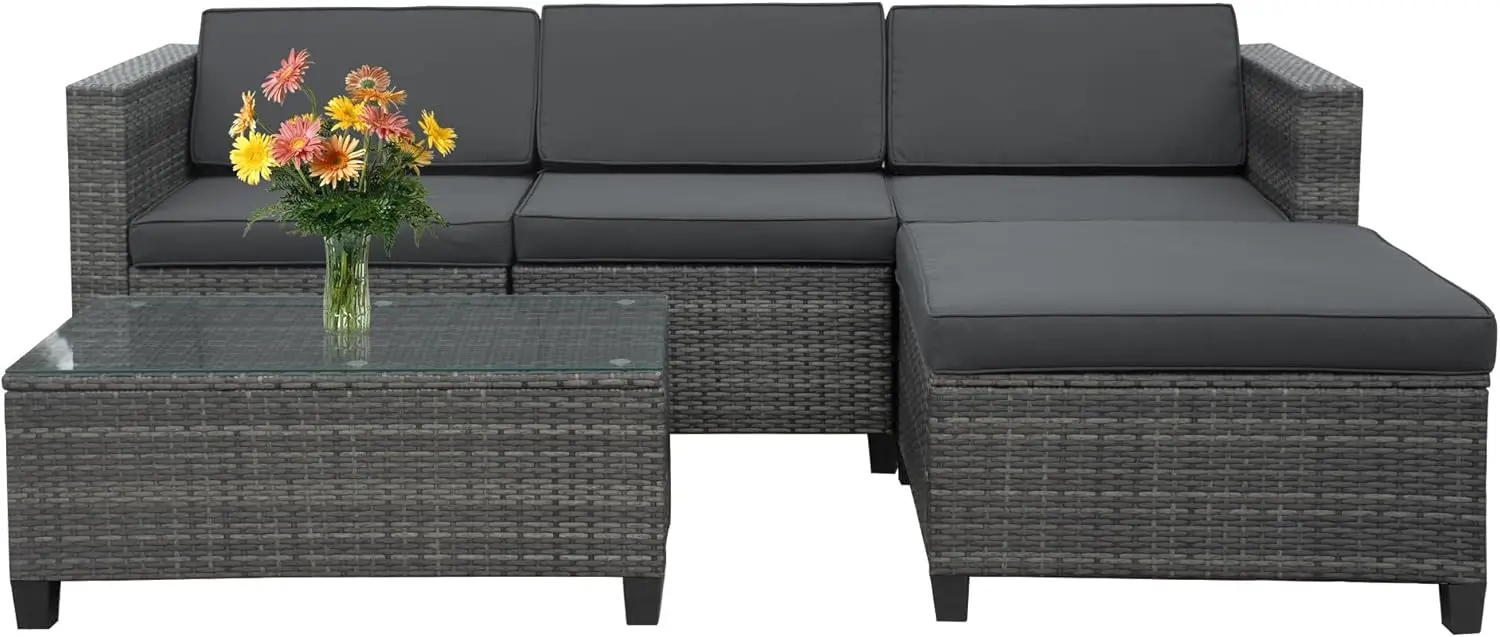 5 Piece Outdoor Patio Sectional Furniture Set, Weather Resistant Rattan Outside Couch, Waterproof Conversation Sofa, Grey