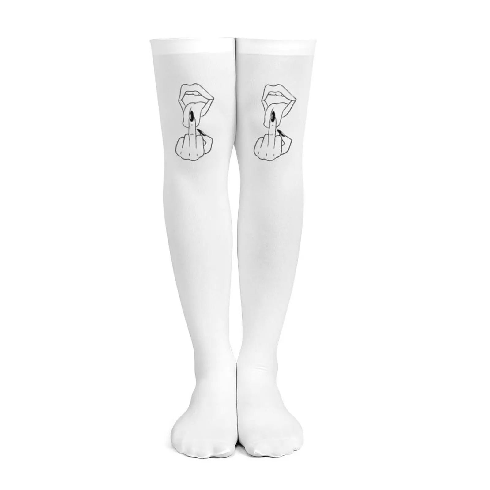 Ladies' white middle finger, red lip print thigh socks, provocative and innovative over the knee socks, adult breathable socks view 2