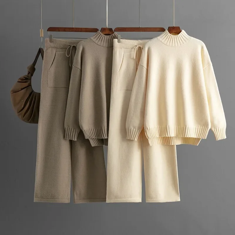 Women Thick Knit Two-Piece Set Turtleneck Sweater Wide Leg Pants Winter Outfit