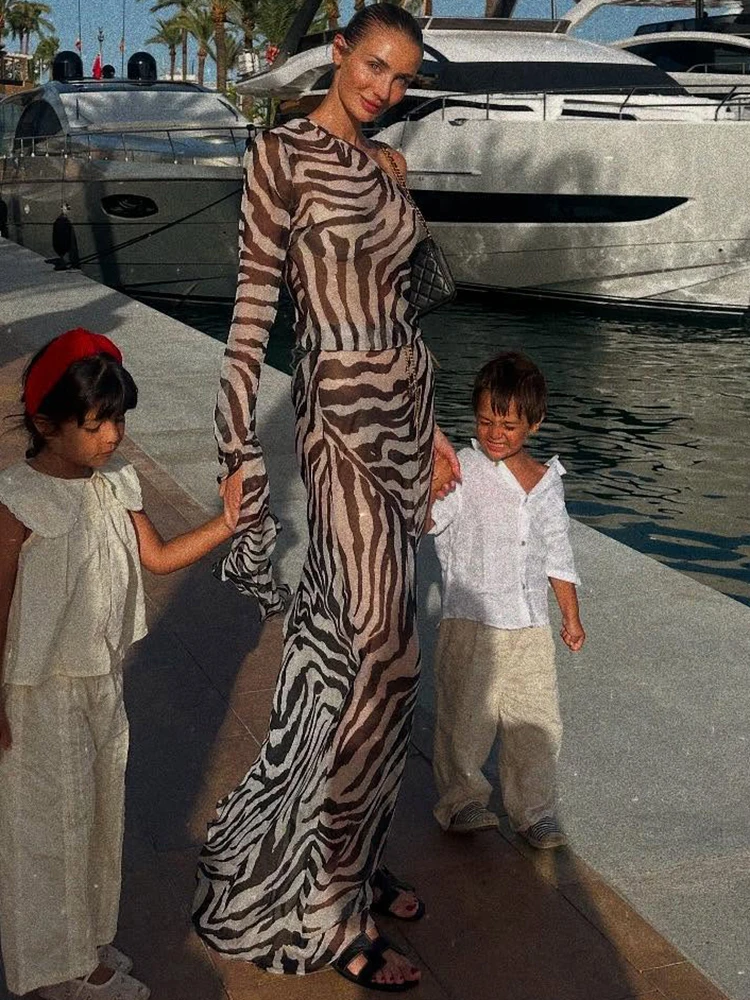 JULISSA MO Seksowna Przezroczysta Sukienka Maxi Damska z Nadrukiem w Leoparda, Sukienka na Jedno Ramię z Długim Rękawem, Letnia Wyszczuplająca Elegancka Sukienka Wakacyjna na Plażę