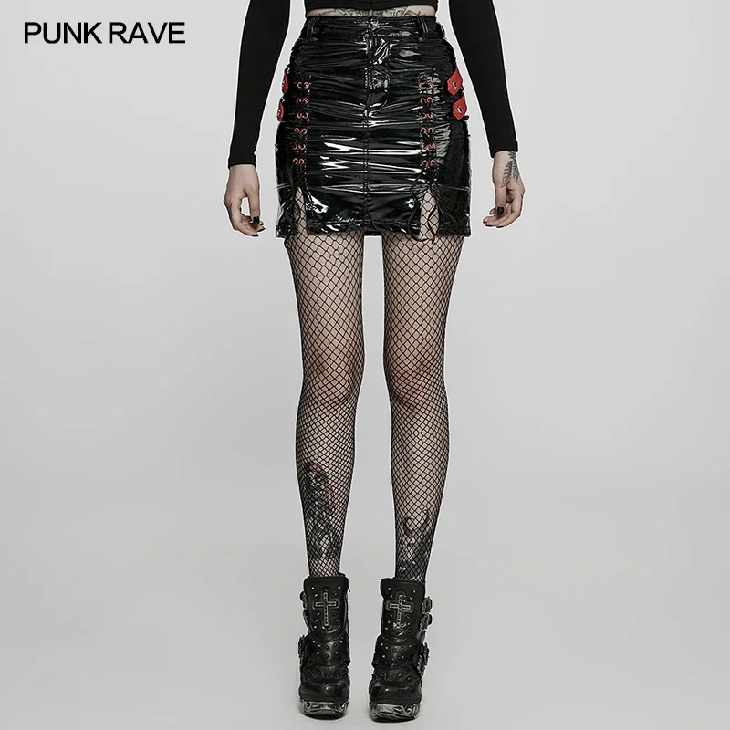 

PUNK RAVE Punk Sexy PU Women Skirt Elastic Patent Leather Dresses Slit with Drawstring Side Loop Clothing Bodycon Mini Skirts