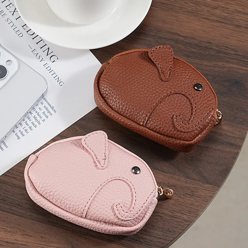 Mini bolsa de couro macio real, chaveiro de elefante fofo, bolsa de moedas com zíper japonês, bolsa de armazenamento feminina