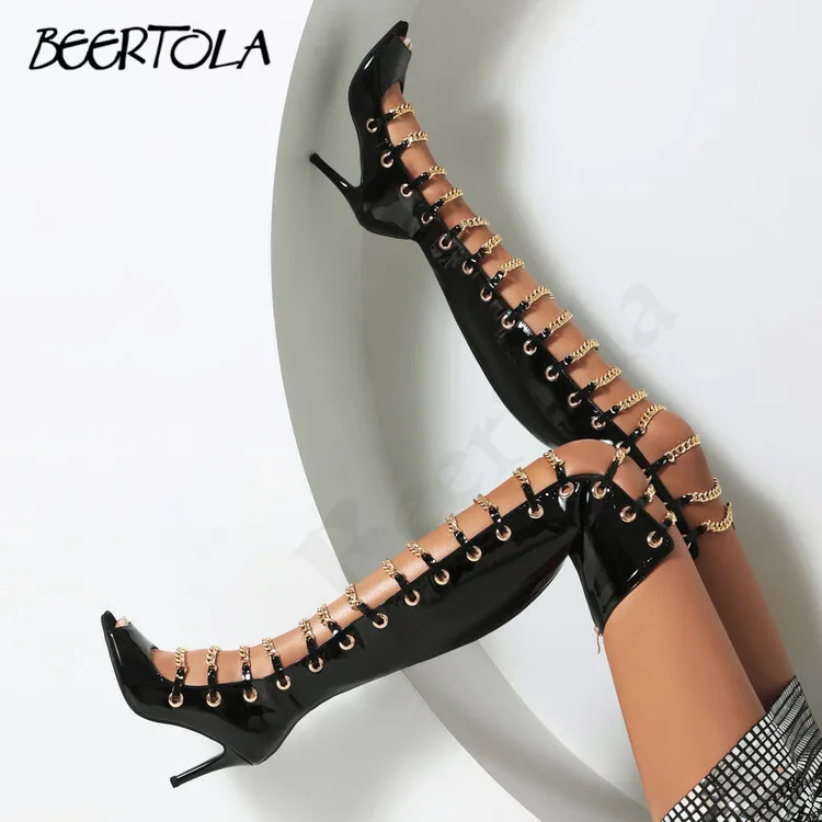 

Women's Metal Chain Hollow Boots Patent Leather Stiletto Fish Mouth Shoes Large Size Over The Knee Fashionable Sexy Dance Sandal